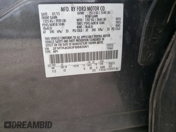 2015 Ford Edge SE with VIN 2FMTK4G93FBB83061, listed as a Copart auction lot 55616675 with 210,453 mi miles and Clean title. Bid and sale history available at DreamBid. Image 12.