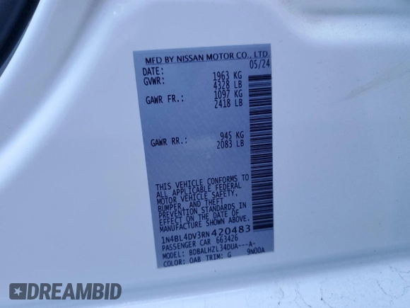 2024 Nissan Altima SV with VIN 1N4BL4DV3RN420483, listed as a Copart auction lot 83632714 with 8,444 mi miles and Clean Title. Bid and sale history available at DreamBid. Image 13.
