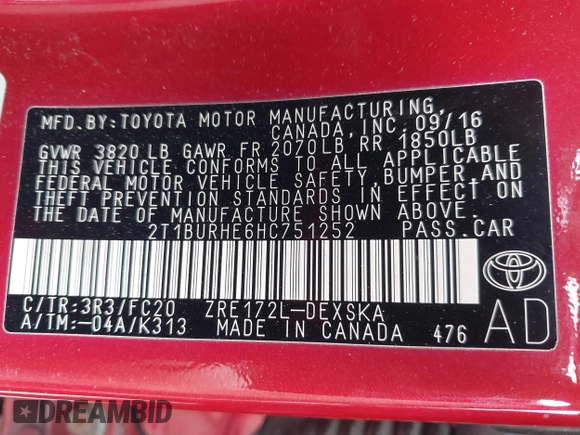 2017 Toyota Corolla L with VIN 2T1BURHE6HC751252, listed as a IAAI auction lot 42276022 with 153,361 mi miles and . Bid and sale history available at DreamBid. Image 9.