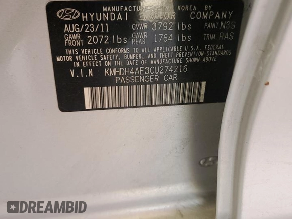 2012 Hyundai Elantra Limited with VIN KMHDH4AE3CU274216, listed as a Copart auction lot 53978675 with 115,254 mi miles and Salvage Title. Bid and sale history available at carsss.com. Image 12.