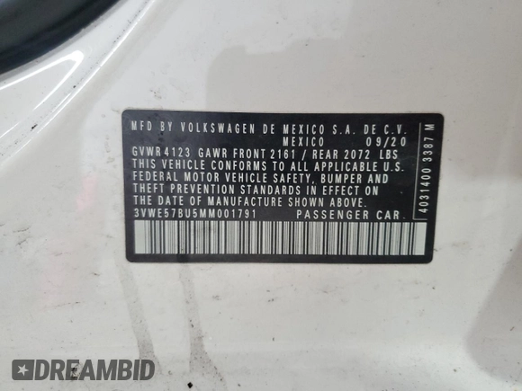 2021 Volkswagen Jetta SEL with VIN 3VWE57BU5MM001791, listed as a Copart auction lot 55122035 with 38,807 mi miles and Salvage title. Bid and sale history available at DreamBid. Image 13.