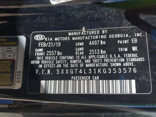 2019 Kia Optima LX with VIN 5XXGT4L31KG353576, listed as a IAAI auction lot 41712207 with 113,986 mi miles. Bid and sale history available at carsss.com. Image 9.