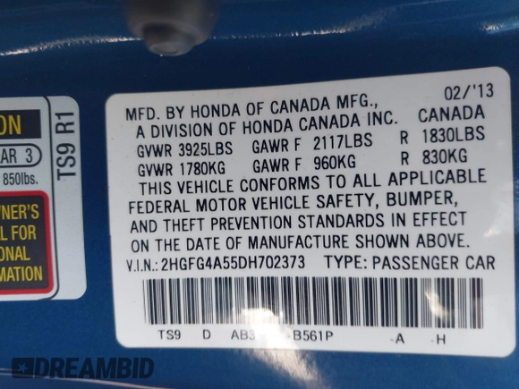 2013 Honda Civic Si with VIN 2HGFG4A55DH702373, listed as a IAAI auction lot 42214819 with 199,949 mi miles and . Bid and sale history available at DreamBid. Image 9.