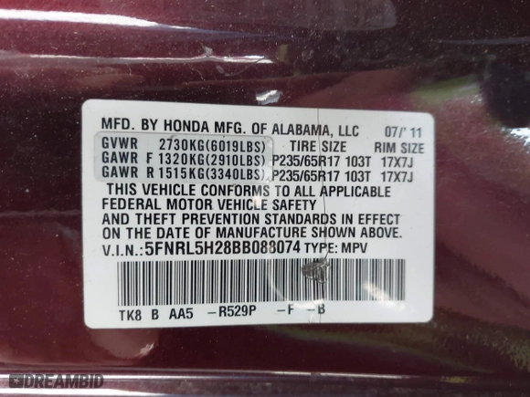 2011 Honda Odyssey LX with VIN 5FNRL5H28BB088074, listed as a IAAI auction lot 42033376 with 199,148 mi miles. Bid and sale history available at carsss.com. Image 9.