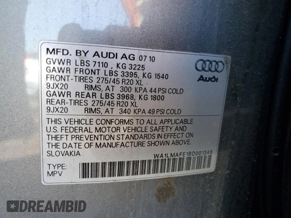 2011 Audi Q7 3.0L TDI Premium Plus with VIN WA1LMAFE1BD001349, listed as a Copart auction lot 87419364 with 110,224 mi miles and Salvage Title. Bid and sale history available at carsss.com. Image 13.