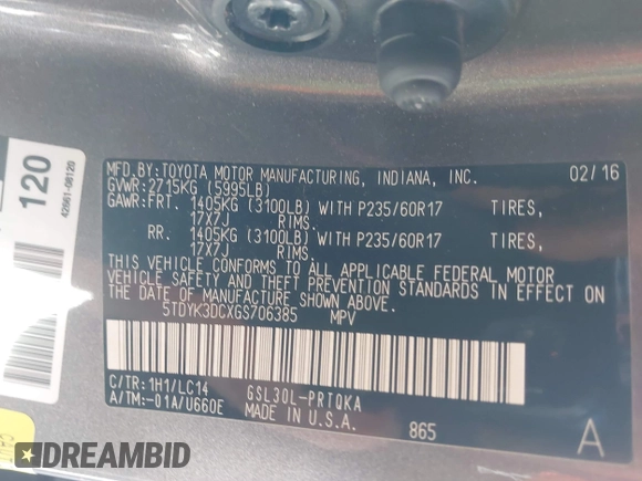 2016 Toyota Sienna XLE with VIN 5TDYK3DCXGS706385, listed as a IAAI auction lot 41286243 with 138,553 mi miles. Bid and sale history available at carsss.com. Image 9.