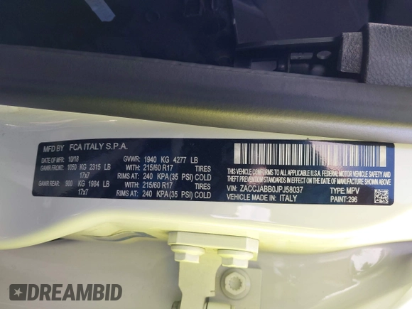 2018 Jeep Renegade Altitude with VIN ZACCJABB0JPJ58037, listed as a IAAI auction lot 42248473 with 99,462 mi miles and . Bid and sale history available at DreamBid. Image 9.