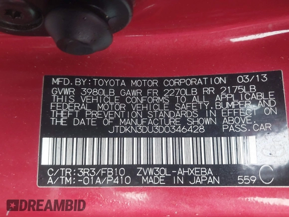 2013 Toyota Prius One with VIN JTDKN3DU3D0346428, listed as a IAAI auction lot 42017094 with 103,212 mi miles. Bid and sale history available at carsss.com. Image 9.