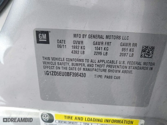 2011 Chevrolet Malibu LT w/2LT with VIN 1G1ZD5EU0BF396430, listed as a IAAI auction lot 41841056 with 87,190 mi miles. Bid and sale history available at carsss.com. Image 9.