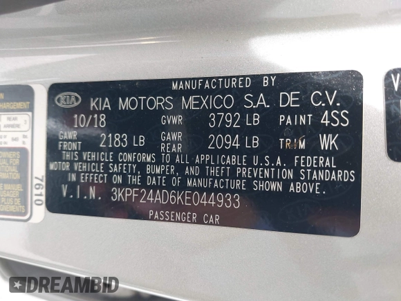 2019 Kia Forte LXS с VIN 3KPF24AD6KE044933, выставлен на аукционе IAAI как лот 42424725 с пробегом 142 854 миль миль и . История ставок и продаж доступна на DreamBid. Изображение 9.