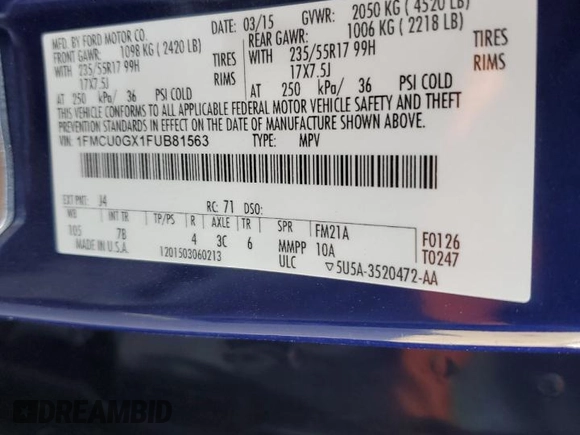 2015 Ford Escape SE with VIN 1FMCU0GX1FUB81563, listed as a Copart auction lot 51548595 with 120,583 mi miles and Clean Title. Bid and sale history available at DreamBid. Image 12.