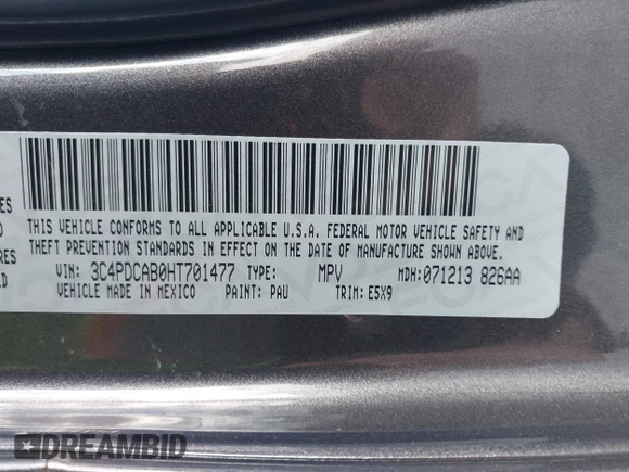 2017 Dodge Journey SE with VIN 3C4PDCAB0HT701477, listed as a IAAI auction lot 42025733 with 168,269 mi miles and . Bid and sale history available at DreamBid. Image 9.
