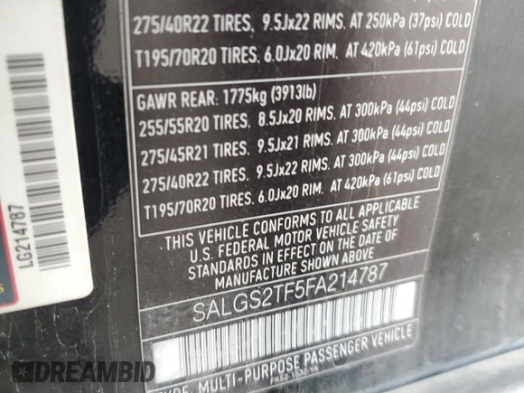 2015 Land Rover Range Rover Supercharged z VIN SALGS2TF5FA214787, wystawiony jako Copart lot #55433235 z przebiegiem 77 148 mil mil oraz Szkoda całkowita • Salvage title. Historia ofert i sprzedaży dostępna na DreamBid. Obrazek 13.