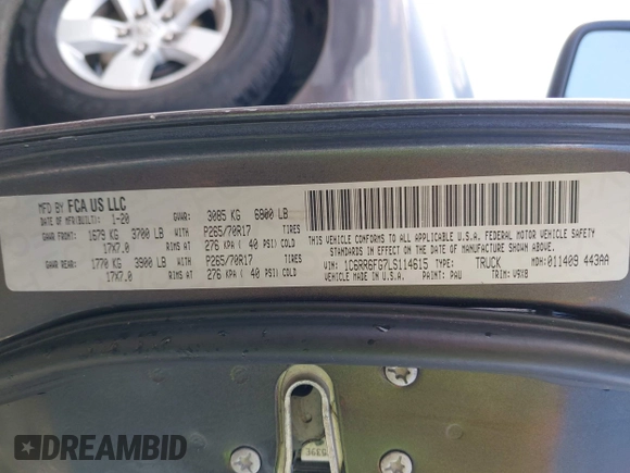 2020 Ram 1500 Tradesman with VIN 1C6RR6FG7LS114615, listed as a IAAI auction lot 42061182 with 97,341 mi miles and . Bid and sale history available at DreamBid. Image 9.