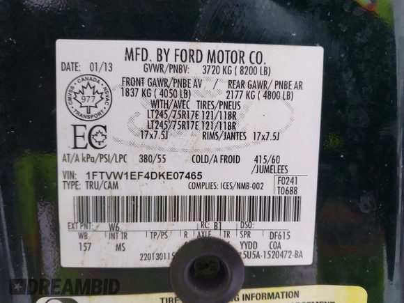 2013 Ford F-150 with VIN 1FTVW1EF4DKE07465, listed as a IAAI auction lot 41601235 with 131,721 mi miles and . Bid and sale history available at DreamBid. Image 9.