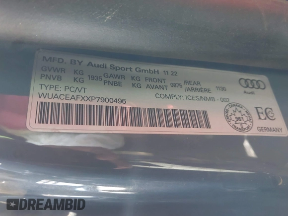 2023 Audi R8 performance quattro with VIN WUACEAFXXP7900496, listed as a IAAI auction lot 40968560 with Not Provided miles and . Bid and sale history available at DreamBid. Image 9.