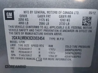 2012 GMC Terrain SLE-1 with VIN 2GKALMEK3C6363454, listed as a IAAI auction lot 42147709 with 151,292 mi miles and . Bid and sale history available at carsss.com. Image 9.