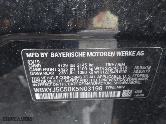 2019 BMW X2 xDrive28i with VIN WBXYJ5C50K5N03198, listed as a IAAI auction lot 41999528 with 28,949 mi miles. Bid and sale history available at carsss.com. Image 9.