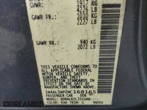 2017 Nissan Altima SL with VIN 1N4AL3AP2HC168165, listed as a Copart auction lot 59172815 with 108,691 mi miles and Salvage title. Bid and sale history available at DreamBid. Image 12.