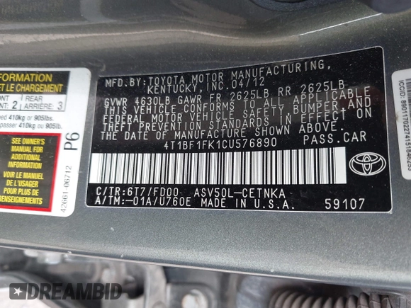 2012 Toyota Camry L with VIN 4T1BF1FK1CU576890, listed as a IAAI auction lot 42063901 with 146,954 mi miles. Bid and sale history available at carsss.com. Image 9.