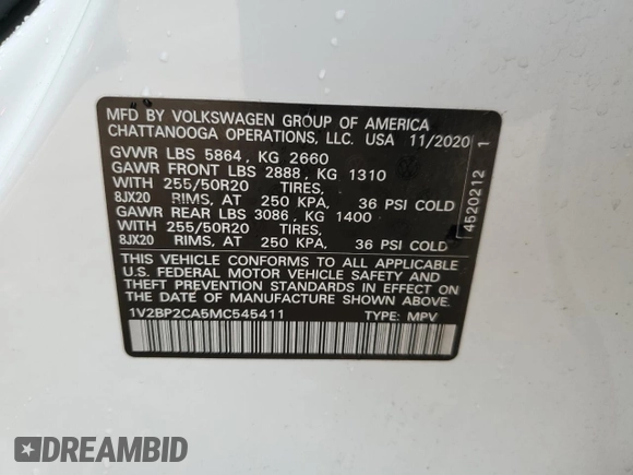 2021 Volkswagen Atlas SEL with VIN 1V2BP2CA5MC545411, listed as a Copart auction lot 54164325 with 93,875 mi miles and Salvage title. Bid and sale history available at DreamBid. Image 12.