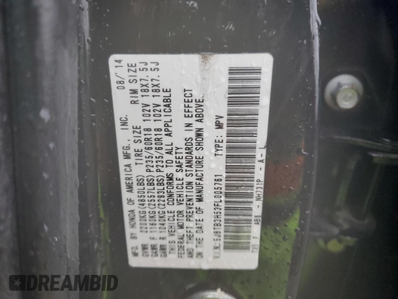 2015 Acura RDX Tech Pkg with VIN 5J8TB3H53FL005761, listed as a Copart auction lot 43364475 with 64,973 mi miles and Salvage Title. Bid and sale history available at carsss.com. Image 14.