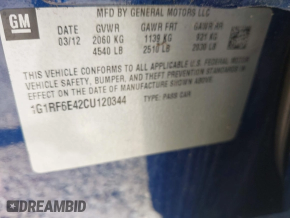2012 Chevrolet Volt with VIN 1G1RF6E42CU120344, listed as a IAAI auction lot 41967329 with 87,511 mi miles and . Bid and sale history available at carsss.com. Image 9.