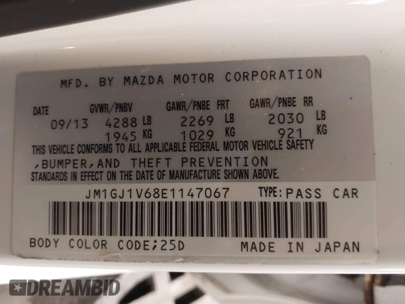 2014 Mazda Mazda6 i Touring with VIN JM1GJ1V68E1147067, listed as a IAAI auction lot 42105878 with 102,684 mi miles. Bid and sale history available at carsss.com. Image 9.