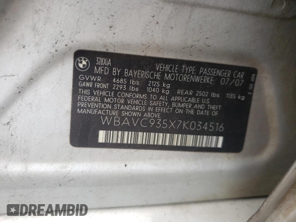 2007 BMW 3 Series 328xi с VIN WBAVC935X7K034516, выставлен на аукционе Copart как лот 56903595 с пробегом 101 977 миль миль и Списание • Salvage title. История ставок и продаж доступна на DreamBid. Изображение 12.