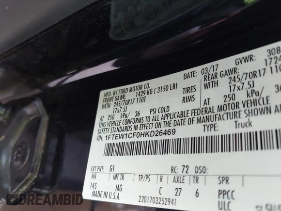 2017 Ford F-150 XL with VIN 1FTEW1CF0HKD26469, listed as a IAAI auction lot 41896006 with 77,960 mi miles and . Bid and sale history available at DreamBid. Image 9.