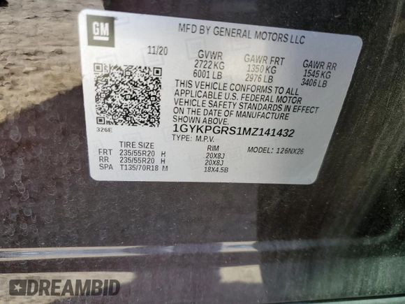 2021 Cadillac XT6 Sport with VIN 1GYKPGRS1MZ141432, listed as a Copart auction lot 75810734 with 56,925 mi miles and Salvage title. Bid and sale history available at DreamBid. Image 14.