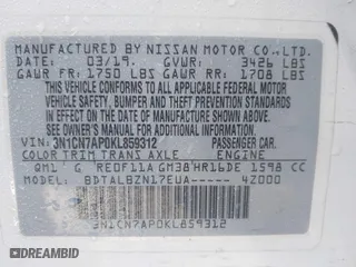 2019 Nissan Versa Sedan SV with VIN 3N1CN7AP0KL859312, listed as a IAAI auction lot 41774102 with 63,909 mi miles. Bid and sale history available at carsss.com. Image 9.