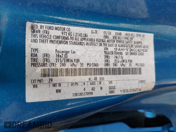 2012 Ford Focus SE with VIN 1FAHP3F26CL421626, listed as a Copart auction lot 61003655 with 78,356 mi miles and Clean title. Bid and sale history available at DreamBid. Image 12.