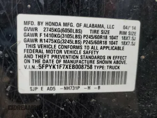 2014 Honda Ridgeline Sport with VIN 5FPYK1F7XEB008758, listed as a Copart auction lot 51022445 with 197,006 mi miles and Salvage title. Bid and sale history available at DreamBid. Image 12.