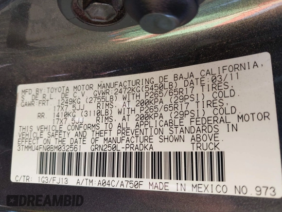 2011 Toyota Tacoma with VIN 3TMMU4FN0BM032561, listed as a IAAI auction lot 41190472 with 188,862 mi miles and . Bid and sale history available at DreamBid. Image 9.