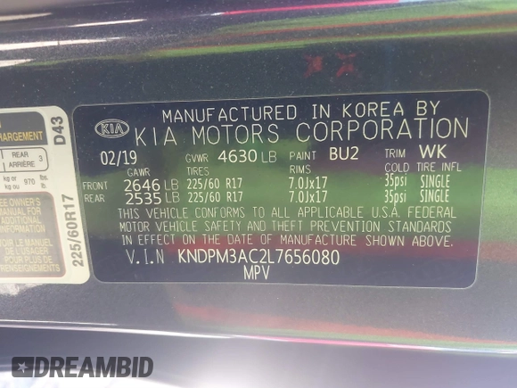 2020 Kia Sportage LX with VIN KNDPM3AC2L7656080, listed as a IAAI auction lot 41880254 with 34,023 mi miles and . Bid and sale history available at DreamBid. Image 9.