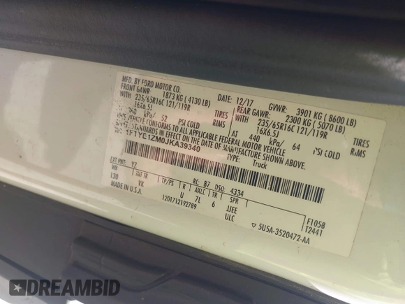 2018 Ford Transit with VIN 1FTYE1ZM0JKA39340, listed as a IAAI auction lot 41483588 with 91,512 mi miles and . Bid and sale history available at DreamBid. Image 9.
