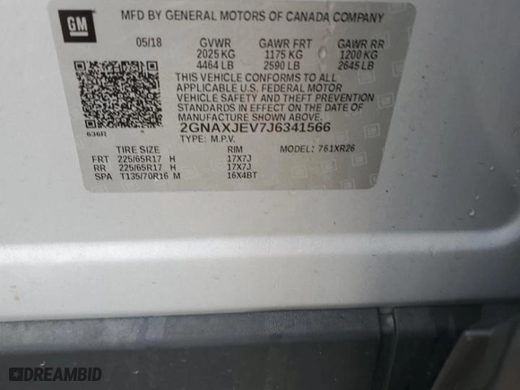 2018 Chevrolet Equinox LT with VIN 2GNAXJEV7J6341566, listed as a Copart auction lot 81582424 with 140,138 mi miles and Salvage Title. Bid and sale history available at carsss.com. Image 15.