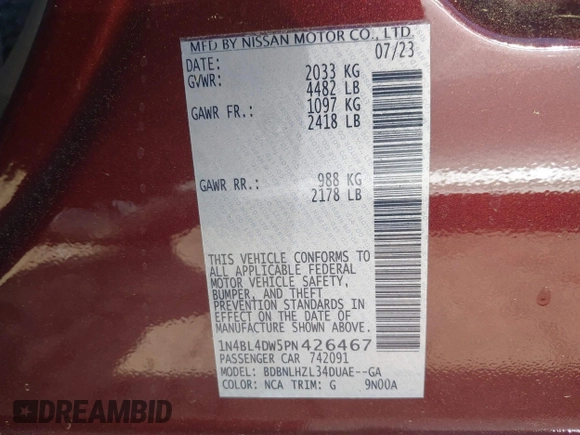 2023 Nissan Altima SV z VIN 1N4BL4DW5PN426467, wystawiony jako IAAI lot #41978564 z przebiegiem 28 703 mil mil oraz . Historia ofert i sprzedaży dostępna na DreamBid. Obrazek 9.