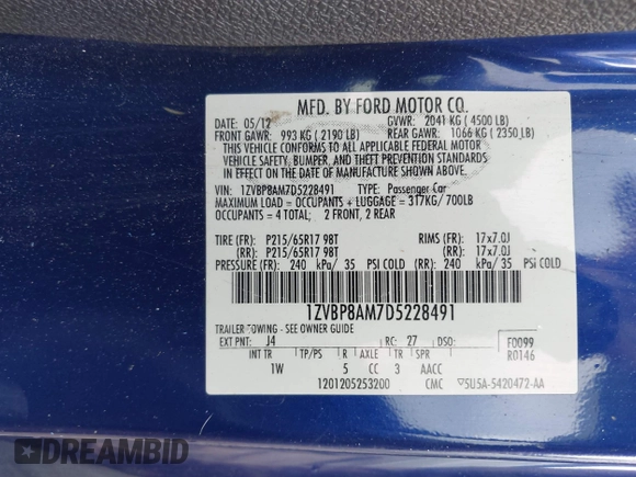2013 Ford Mustang V6 with VIN 1ZVBP8AM7D5228491, listed as a IAAI auction lot 42209129 with 146,461 mi miles and . Bid and sale history available at DreamBid. Image 9.