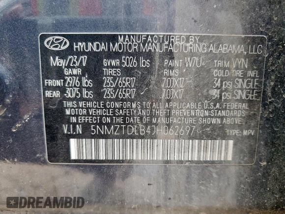 2018 Hyundai Santa Fe 2.4L with VIN 5NMZTDLB4JH062697, listed as a Copart auction lot 60356925 with 131,111 mi miles and Salvage title. Bid and sale history available at DreamBid. Image 12.