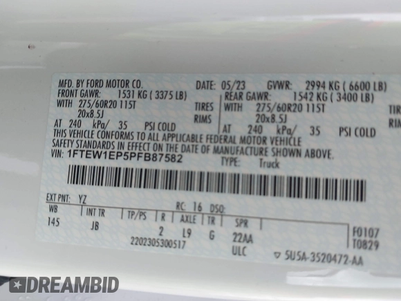2023 Ford F-150 XL with VIN 1FTEW1EP5PFB87582, listed as a IAAI auction lot 42254015 with 10,476 mi miles and . Bid and sale history available at DreamBid. Image 9.