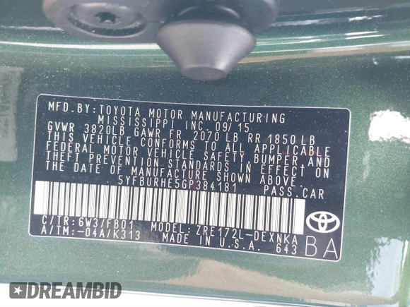 2016 Toyota Corolla L with VIN 5YFBURHE5GP384181, listed as a IAAI auction lot 41785199 with 174,839 mi miles and . Bid and sale history available at DreamBid. Image 9.