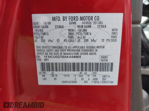 2010 Ford Escape XLT с VIN 1FMCU0D78AKA94865, выставлен на аукционе IAAI как лот 42289593 с пробегом 189 889 миль миль и . История ставок и продаж доступна на DreamBid. Изображение 9.