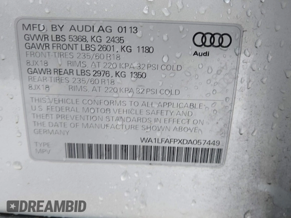 2013 Audi Q5 Premium Plus with VIN WA1LFAFPXDA057449, listed as a IAAI auction lot 41776269 with 105,145 mi miles. Bid and sale history available at carsss.com. Image 9.