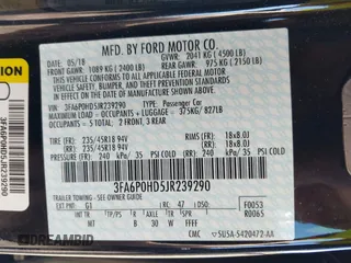 2018 Ford Fusion SE with VIN 3FA6P0HD5JR239290, listed as a IAAI auction lot 41810137 with 43,202 mi miles. Bid and sale history available at carsss.com. Image 9.