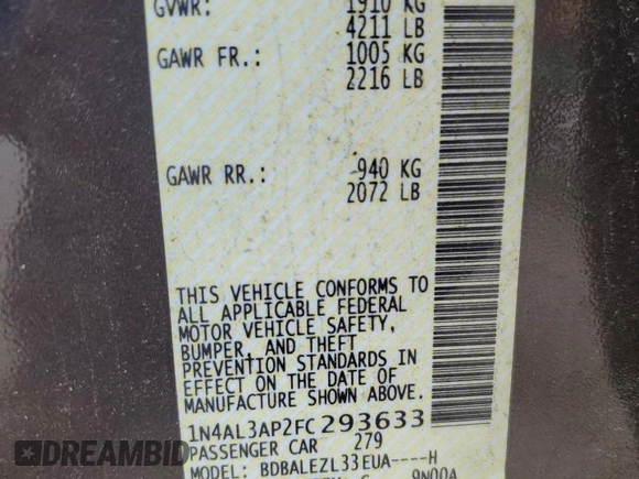 2015 Nissan Altima SL z VIN 1N4AL3AP2FC293633, wystawiony jako Copart lot #57646605 z przebiegiem 162 527 mil mil oraz Szkoda całkowita • Salvage title. Historia ofert i sprzedaży dostępna na DreamBid. Obrazek 12.