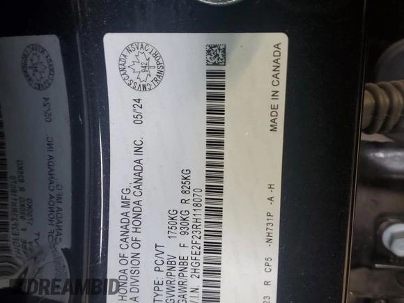 2024 Honda Civic LX z VIN 2HGFE2F23RH118070, wystawiony jako Copart lot #53295545 z przebiegiem 29 000 mil mil oraz Czysty tytuł • Clean title. Historia ofert i sprzedaży dostępna na DreamBid. Obrazek 13.