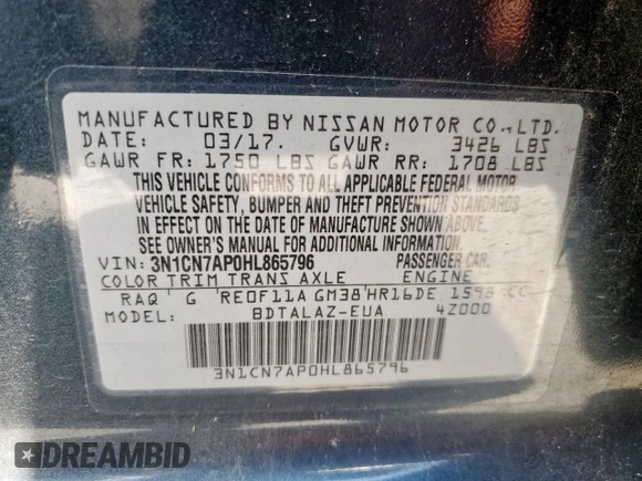 2017 Nissan Versa S Plus with VIN 3N1CN7AP0HL865796, listed as a Copart auction lot 58042775 with 53,424 mi miles and Salvage title. Bid and sale history available at DreamBid. Image 13.