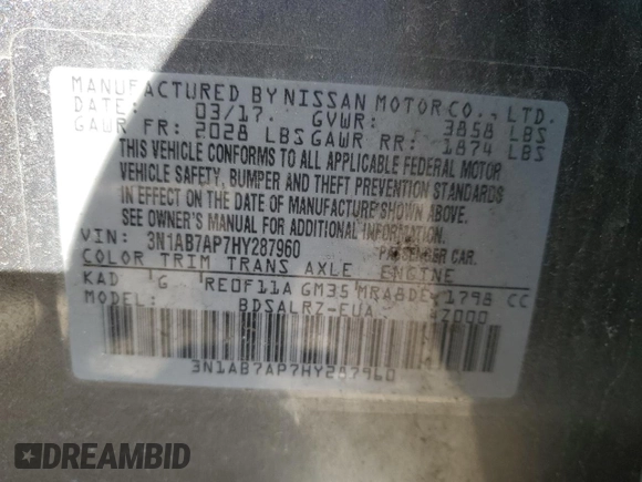 2017 Nissan Sentra S with VIN 3N1AB7AP7HY287960, listed as a Copart auction lot 53664385 with 89,246 mi miles and Salvage Title. Bid and sale history available at DreamBid. Image 13.